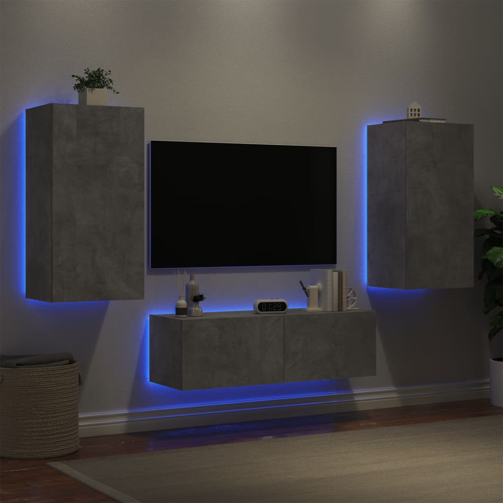 3-delige tv-wandmeubelset met LED-verlichting betongrijs is nu te koop bij PeponiXL, paradijselijk wonen!