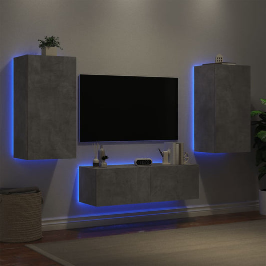 3-delige tv-wandmeubelset met LED-verlichting betongrijs is nu te koop bij PeponiXL, paradijselijk wonen!