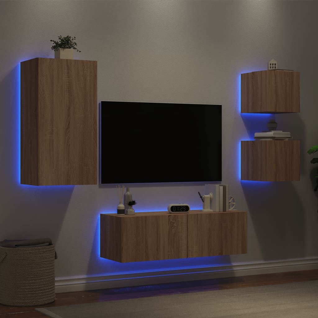 4-delige Tv-wandmeubelset met LED-verlichting sonoma eikenkleur is nu te koop bij PeponiXL, paradijselijk wonen!