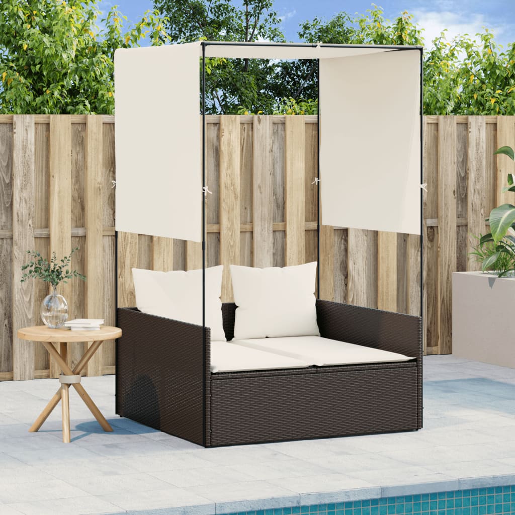 Ligbed tweepersoons met dak en gordijn poly rattan bruin is nu te koop bij PeponiXL, paradijselijk wonen!