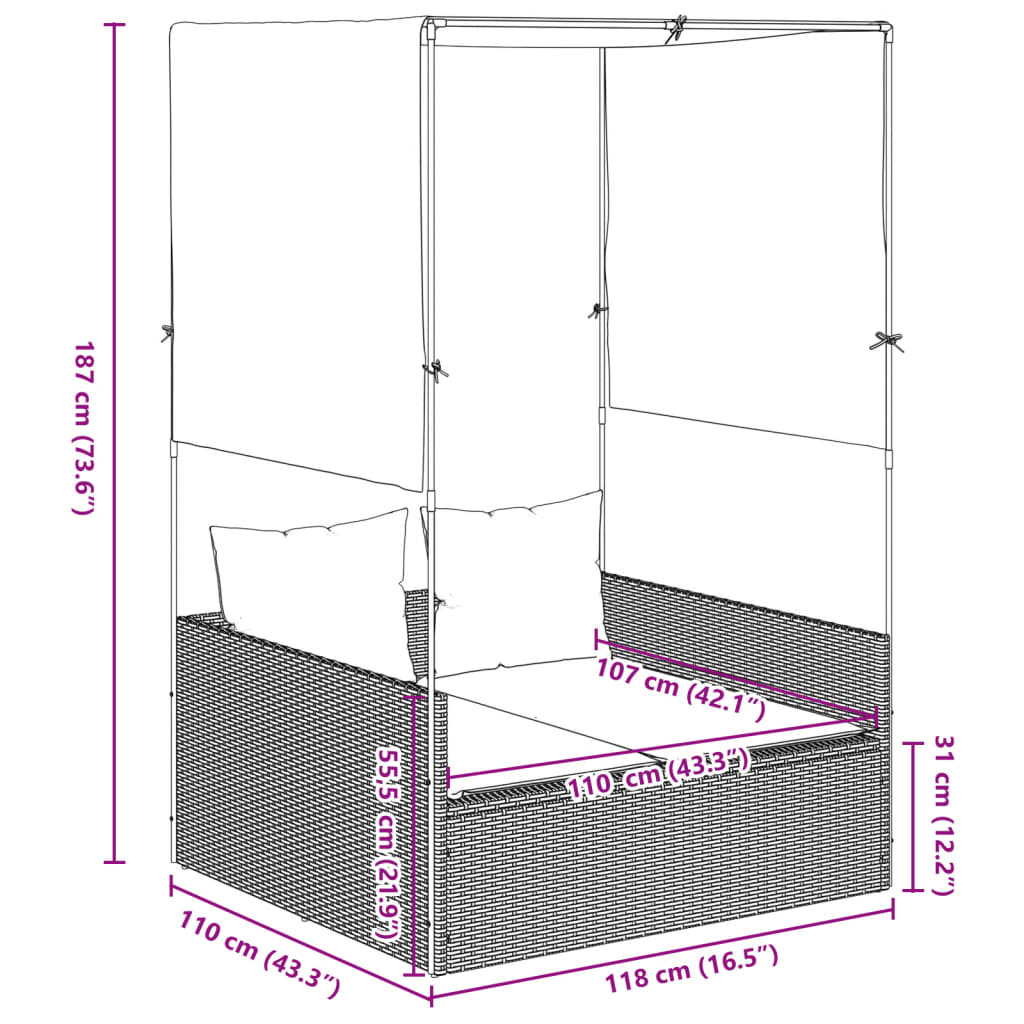 Ligbed tweepersoons met dak en gordijn poly rattan grijs is nu te koop bij PeponiXL, paradijselijk wonen!