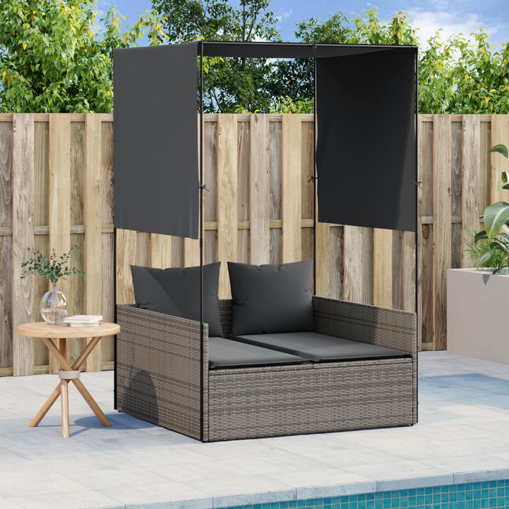 Ligbed tweepersoons met dak en gordijn poly rattan grijs is nu te koop bij PeponiXL, paradijselijk wonen!