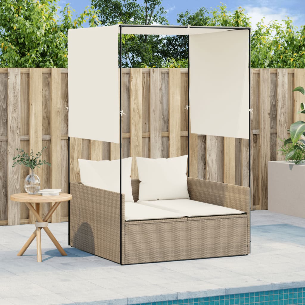 Ligbed tweepersoons met dak en gordijn poly rattan beige is nu te koop bij PeponiXL, paradijselijk wonen!