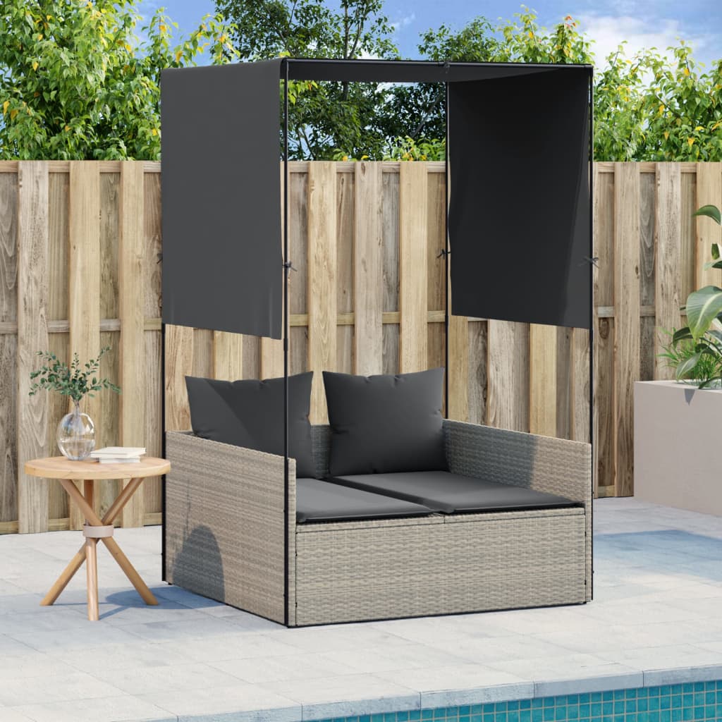 Ligbed tweepersoons met dak en gordijn poly rattan lichtgrijs is nu te koop bij PeponiXL, paradijselijk wonen!