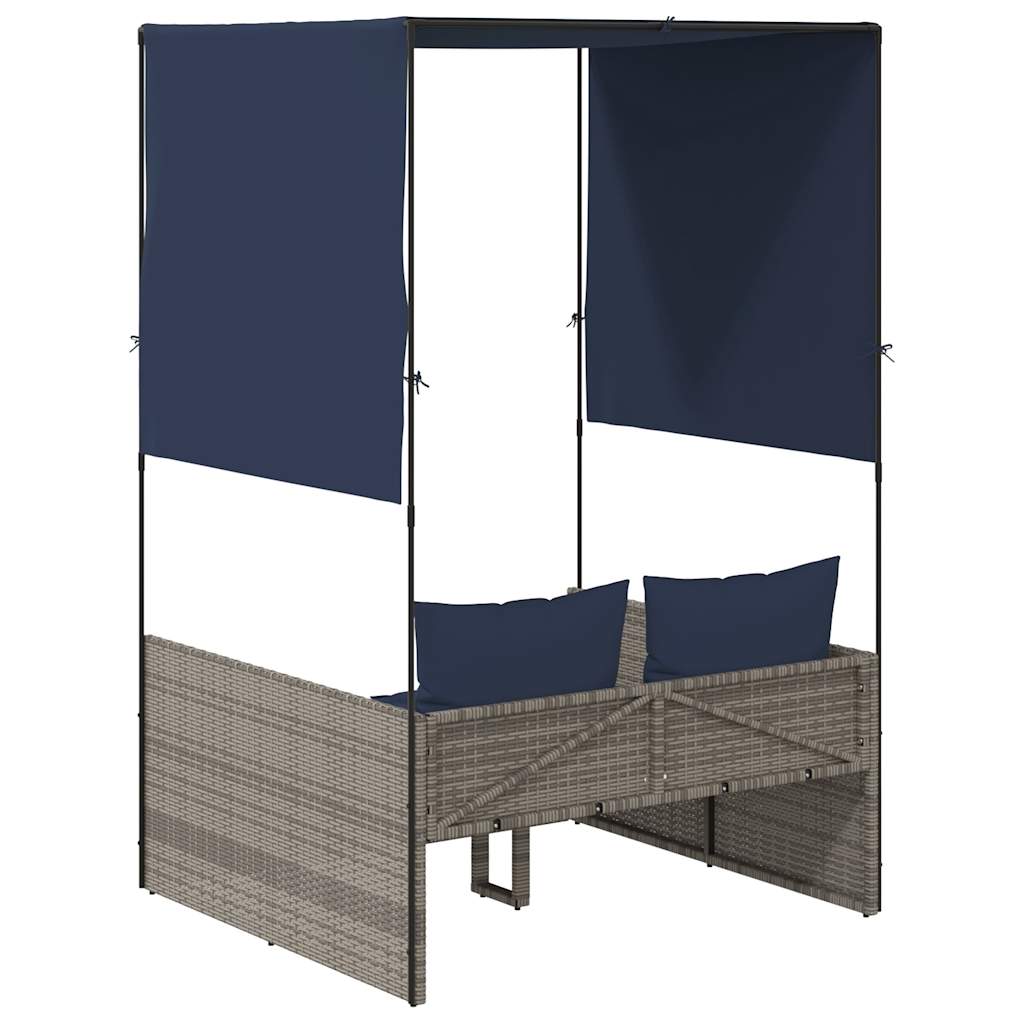 Dubbele ligstoel met dak en gordijnen, grijs polyrotan is nu te koop bij PeponiXL, paradijselijk wonen!