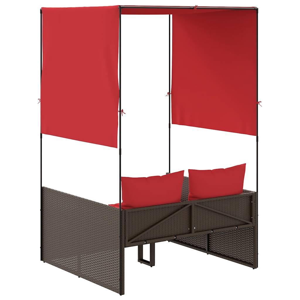 Dubbele ligstoel met dak en gordijnen, bruin polyrotan is nu te koop bij PeponiXL, paradijselijk wonen!