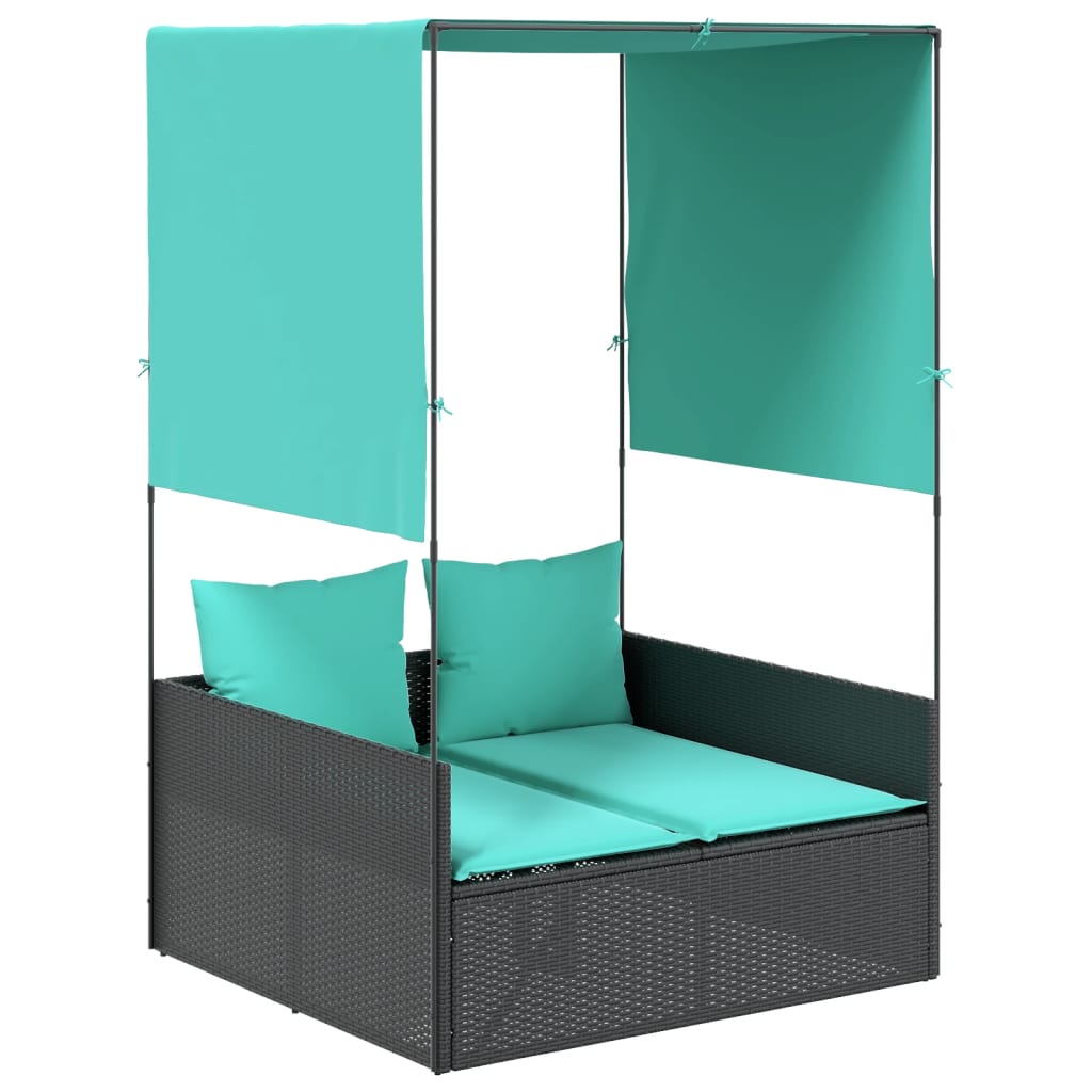 Dubbele ligstoel met dak en gordijnen, zwart polyrotan is nu te koop bij PeponiXL, paradijselijk wonen!