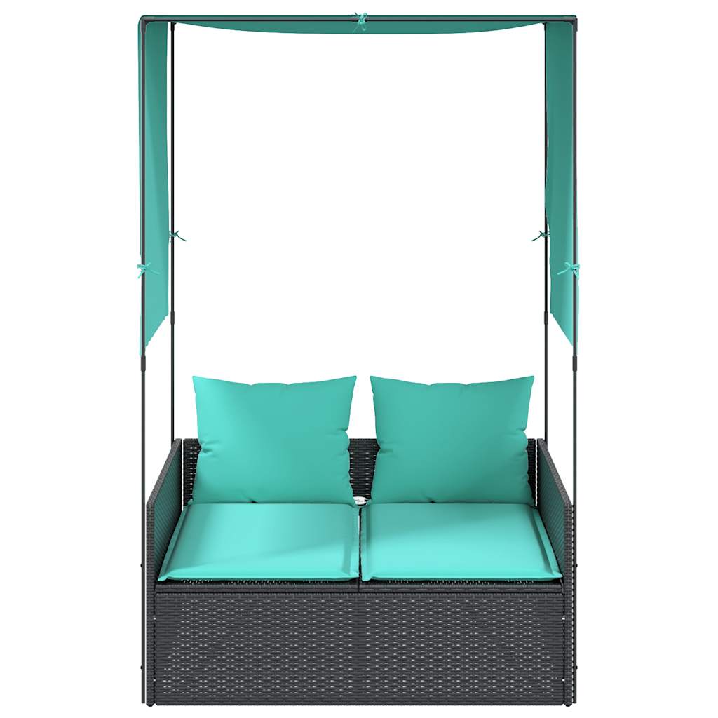 Dubbele ligstoel met dak en gordijnen, zwart polyrotan is nu te koop bij PeponiXL, paradijselijk wonen!