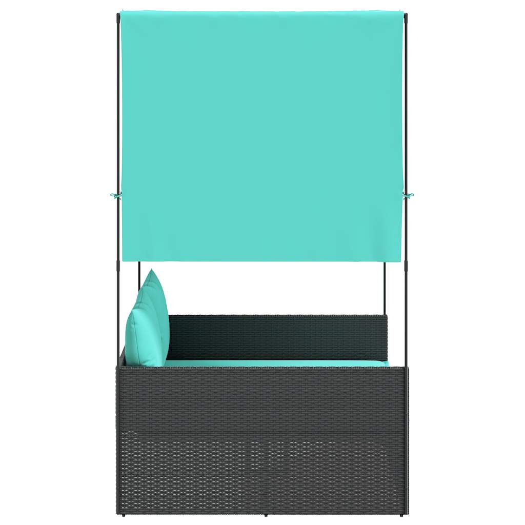 Dubbele ligstoel met dak en gordijnen, zwart polyrotan is nu te koop bij PeponiXL, paradijselijk wonen!