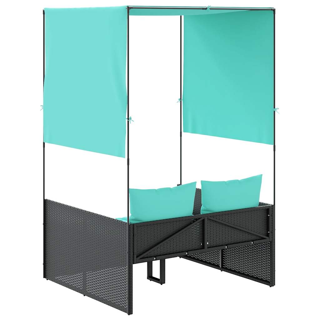 Dubbele ligstoel met dak en gordijnen, zwart polyrotan is nu te koop bij PeponiXL, paradijselijk wonen!