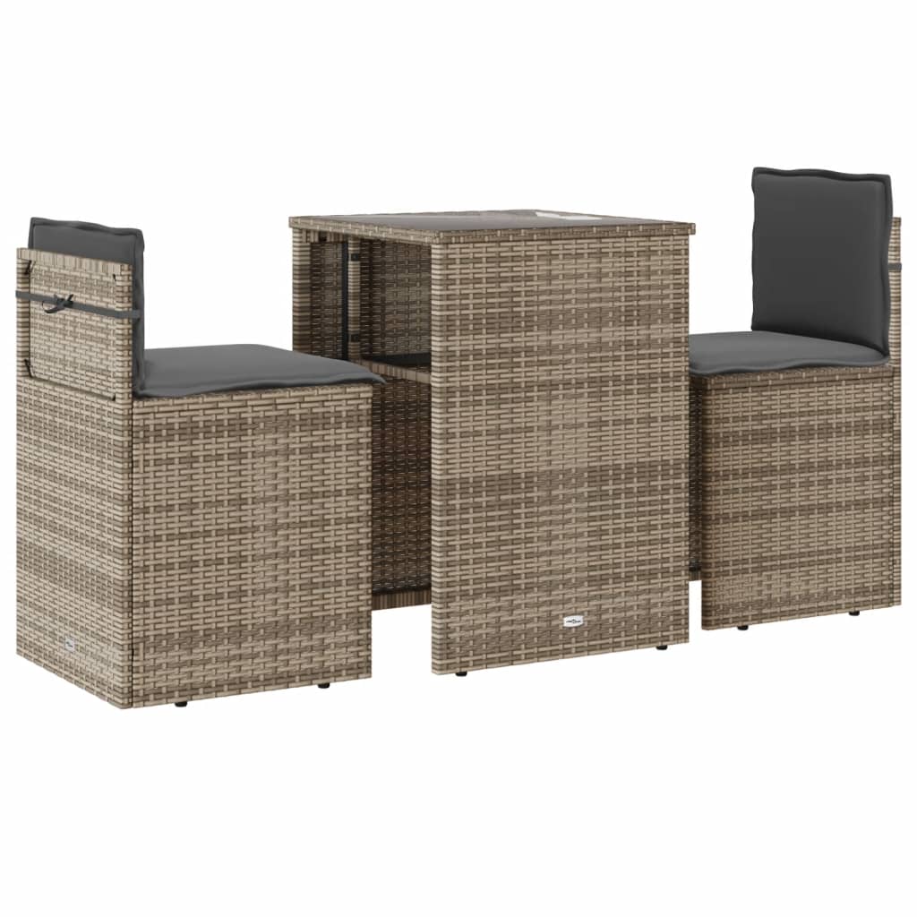 3-delige Bistroset met kussens poly rattan grijs is nu te koop bij PeponiXL, paradijselijk wonen!