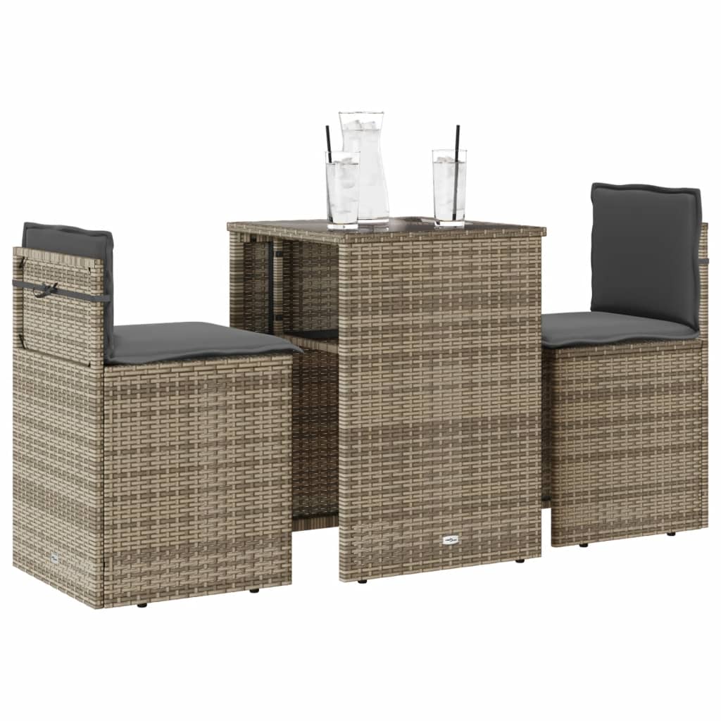 3-delige Bistroset met kussens poly rattan grijs is nu te koop bij PeponiXL, paradijselijk wonen!