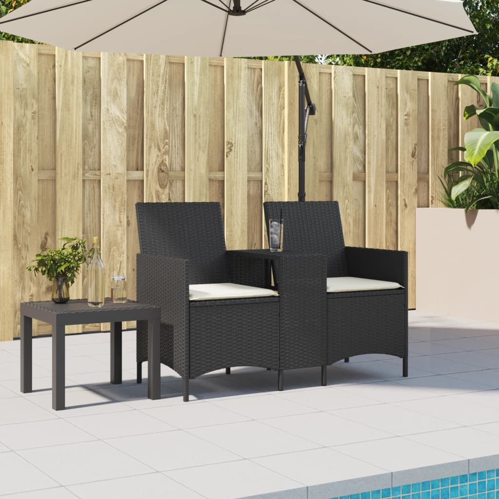 Tuinbank 2-zits met tafel en kussens poly rattan zwart is nu te koop bij PeponiXL, paradijselijk wonen!