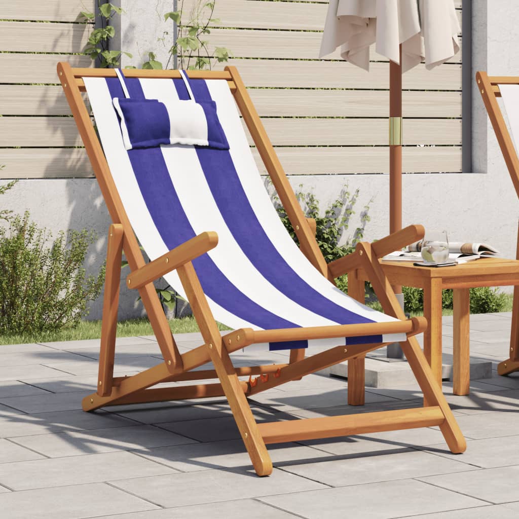 Strandstoel inklapbaar eucalyptushout en stof blauw en wit is nu te koop bij PeponiXL, paradijselijk wonen!