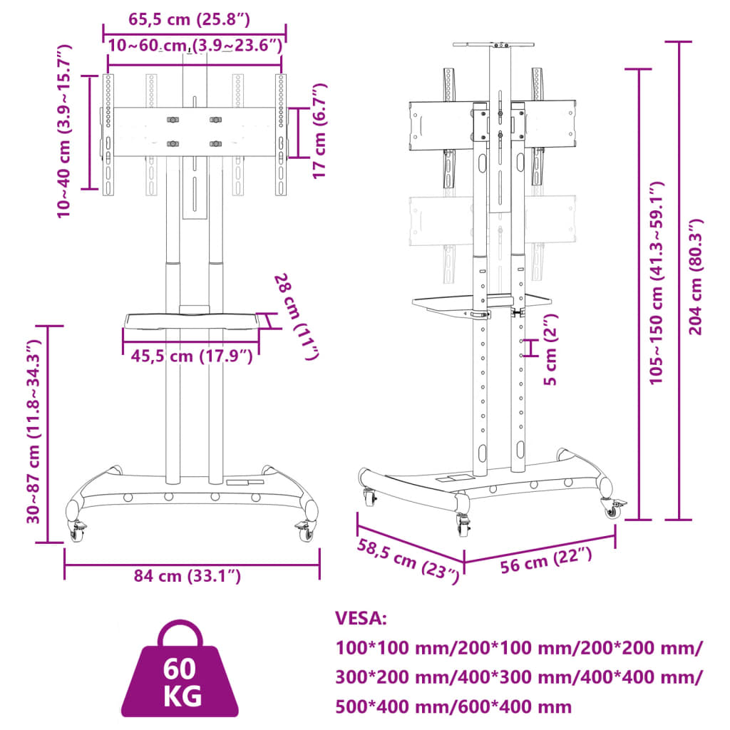 TV-standaard wielen 32-70 inch scherm 60 kg Max VESA 600x400 mm is nu te koop bij PeponiXL, paradijselijk wonen!