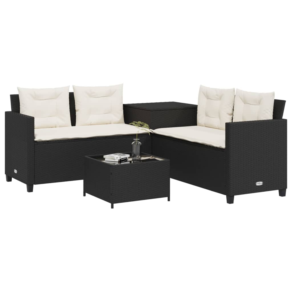 Tuinbank met tafel en kussens L-vormig poly rattan zwart is nu te koop bij PeponiXL, paradijselijk wonen!
