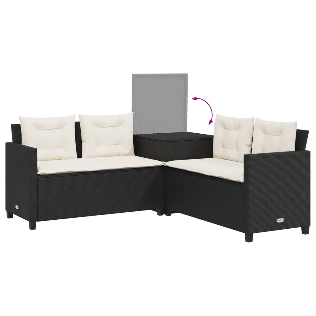 Tuinbank met tafel en kussens L-vormig poly rattan zwart is nu te koop bij PeponiXL, paradijselijk wonen!