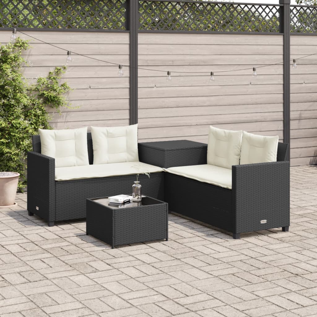 Tuinbank met tafel en kussens L-vormig poly rattan zwart is nu te koop bij PeponiXL, paradijselijk wonen!