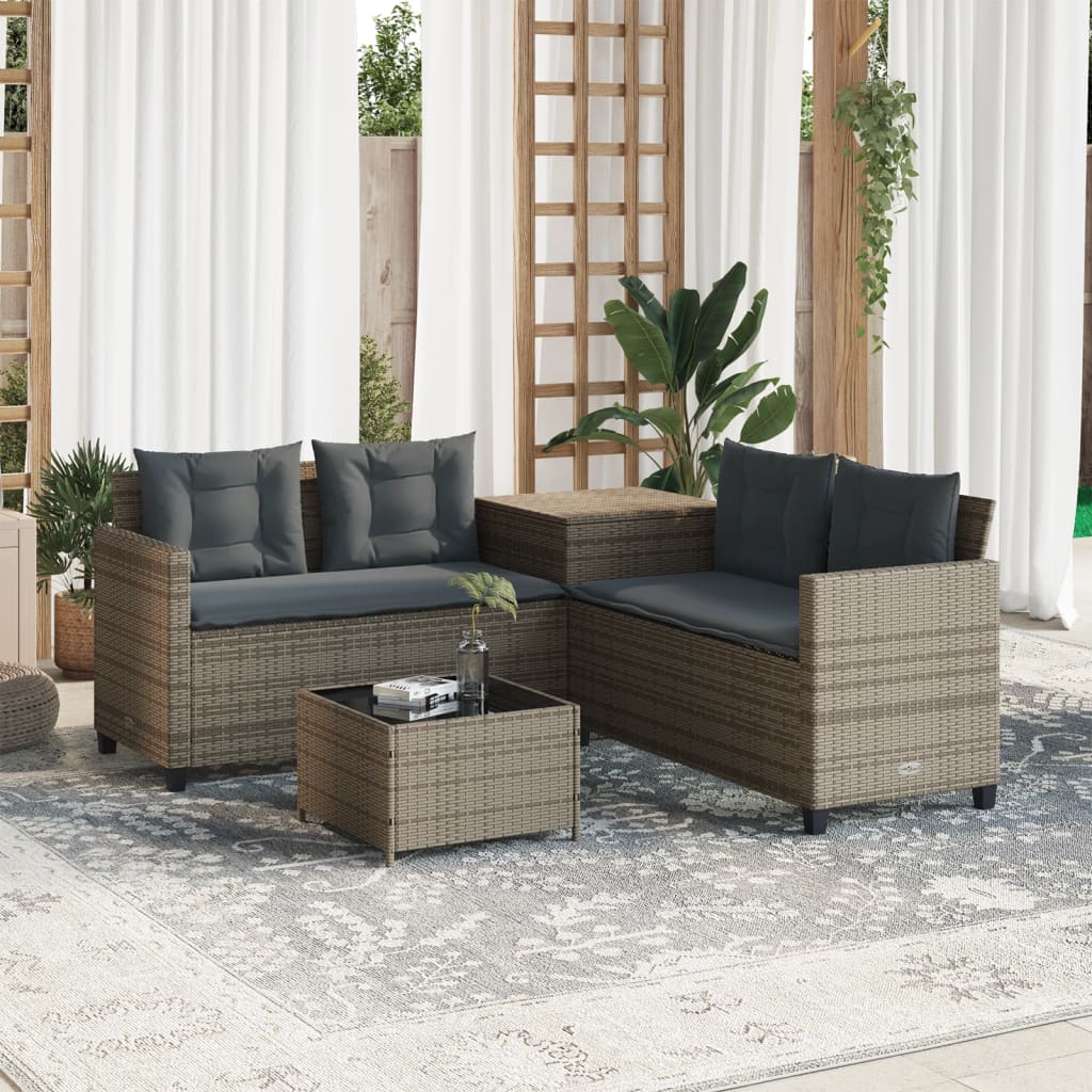 Tuinbank met tafel en kussens L-vormig poly rattan grijs is nu te koop bij PeponiXL, paradijselijk wonen!