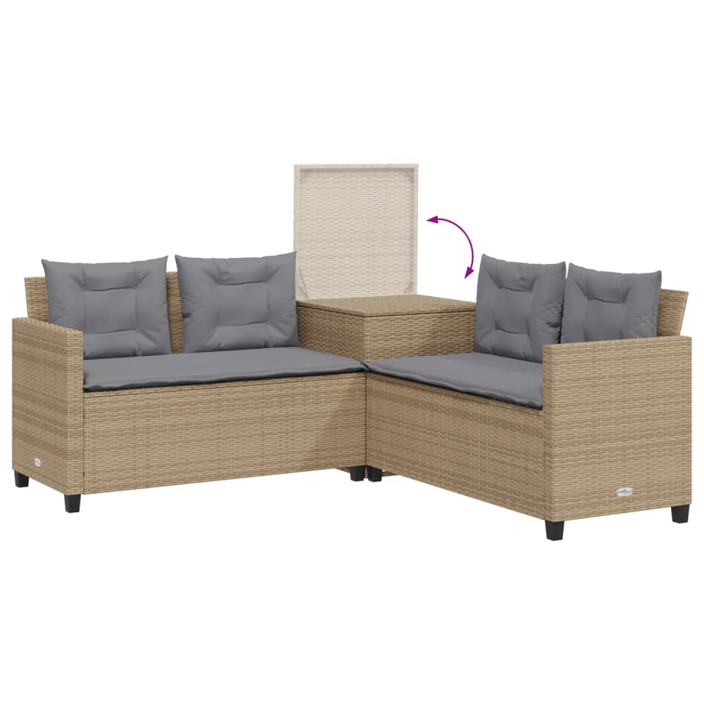 Tuinbank met tafel en kussens L-vormig poly rattan beige is nu te koop bij PeponiXL, paradijselijk wonen!