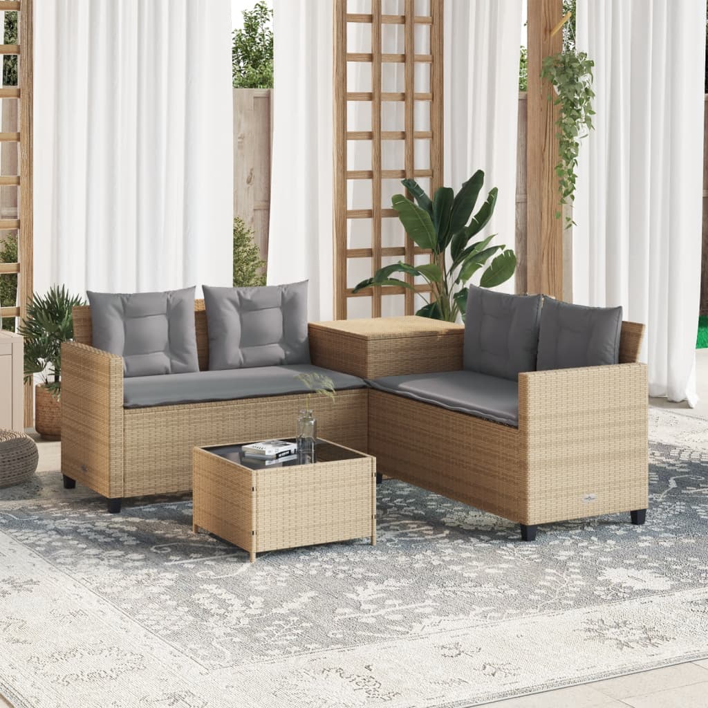 Tuinbank met tafel en kussens L-vormig poly rattan beige is nu te koop bij PeponiXL, paradijselijk wonen!