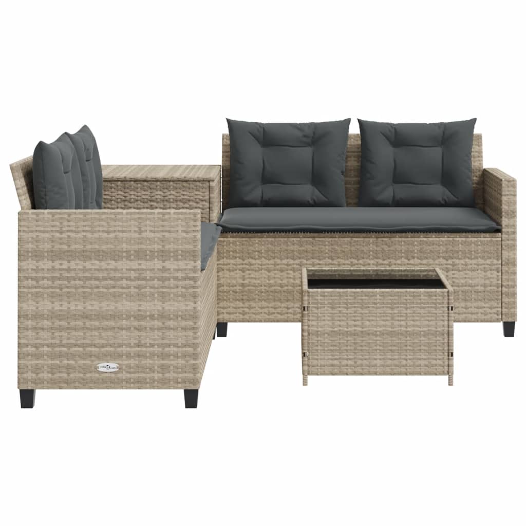 Tuinbank met tafel en kussens L-vormig poly rattan lichtgrijs is nu te koop bij PeponiXL, paradijselijk wonen!