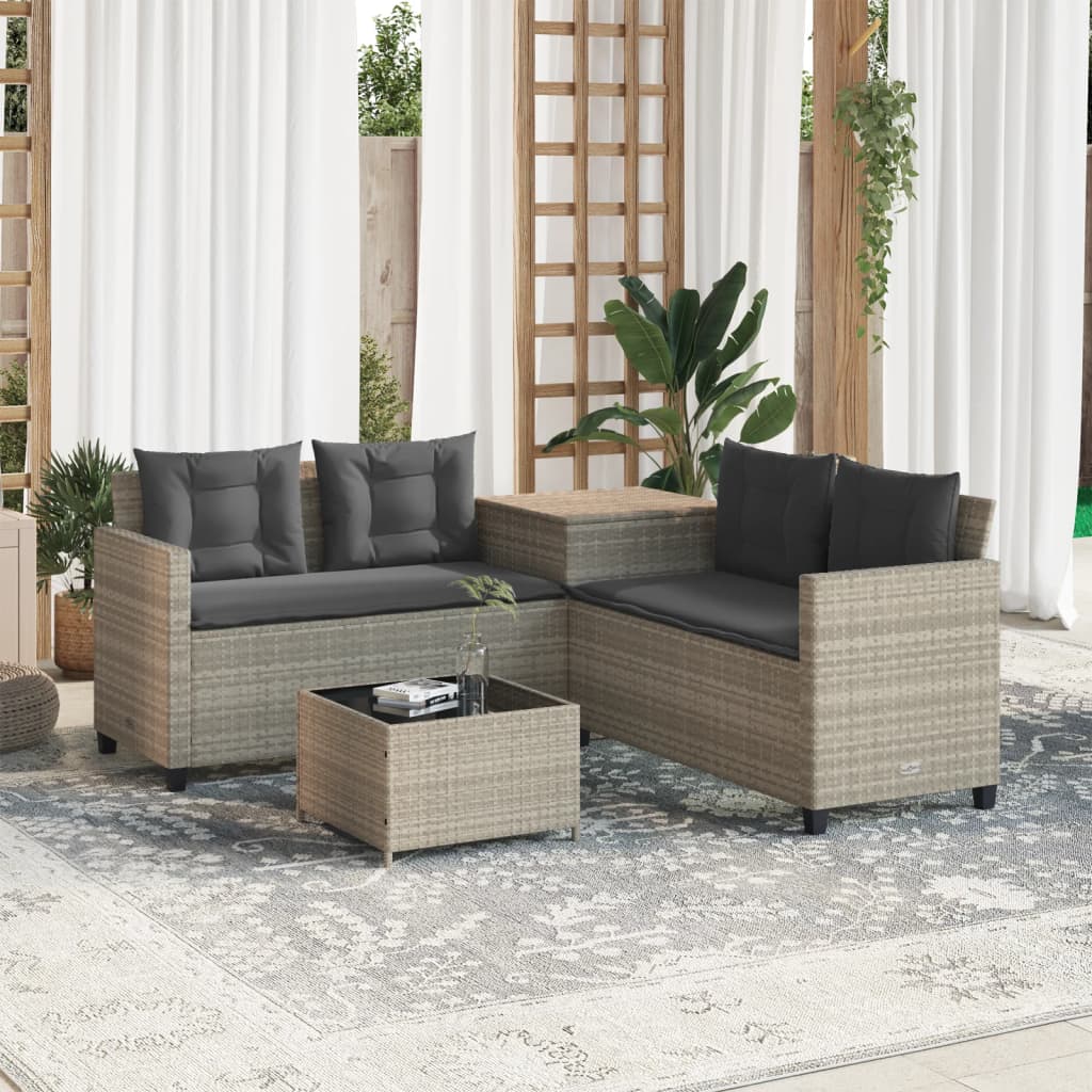Tuinbank met tafel en kussens L-vormig poly rattan lichtgrijs is nu te koop bij PeponiXL, paradijselijk wonen!