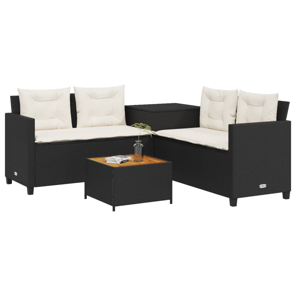 Tuinbank met tafel en kussens L-vormig poly rattan zwart is nu te koop bij PeponiXL, paradijselijk wonen!