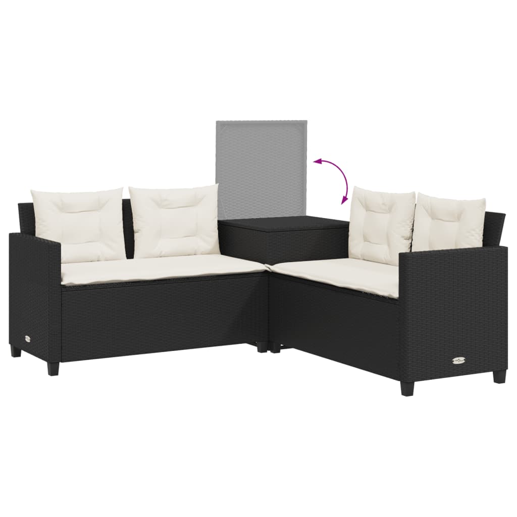 Tuinbank met tafel en kussens L-vormig poly rattan zwart is nu te koop bij PeponiXL, paradijselijk wonen!