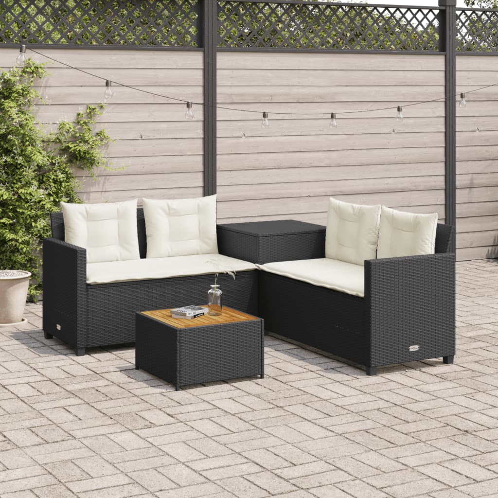 Tuinbank met tafel en kussens L-vormig poly rattan zwart is nu te koop bij PeponiXL, paradijselijk wonen!