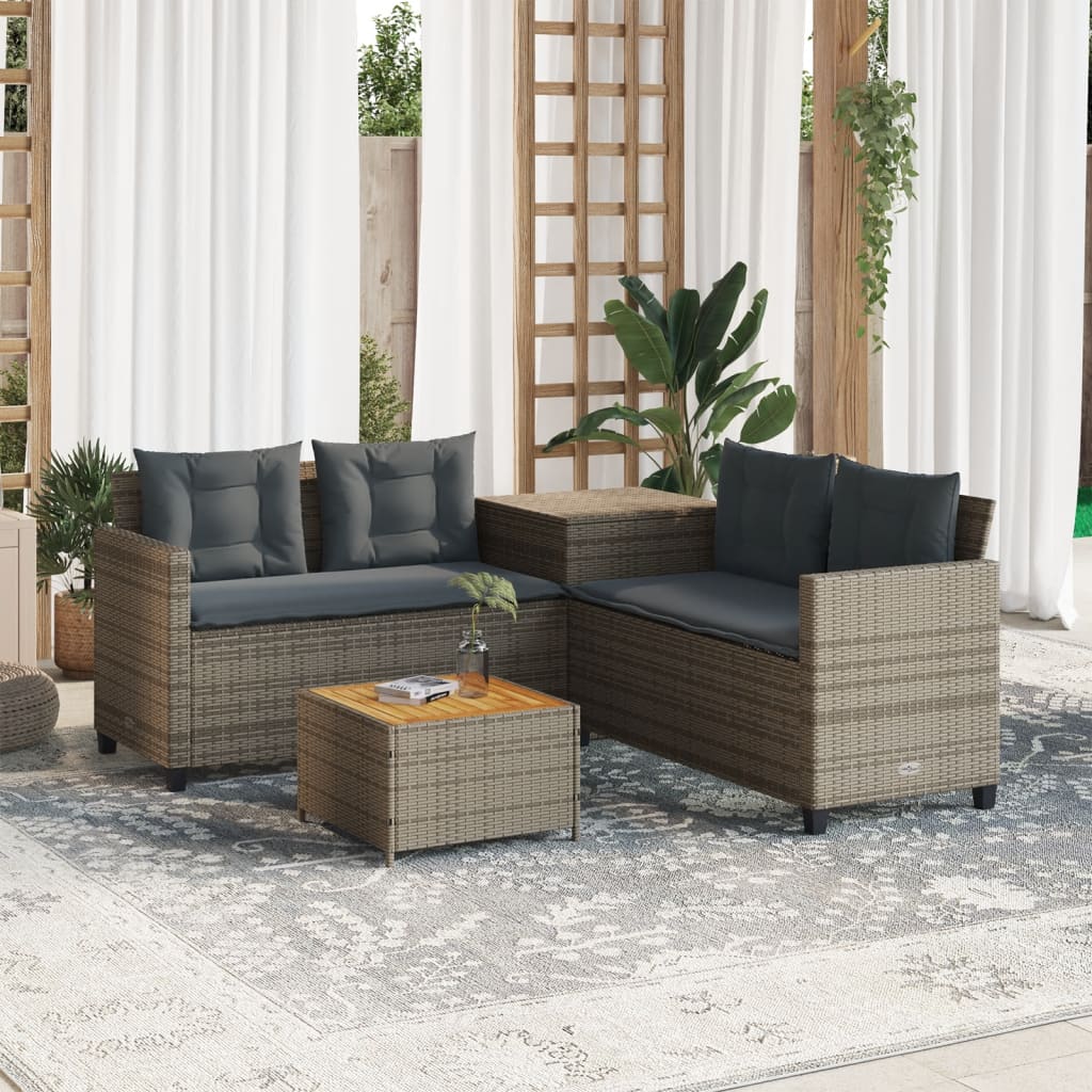Tuinbank met tafel en kussens L-vormig poly rattan grijs is nu te koop bij PeponiXL, paradijselijk wonen!