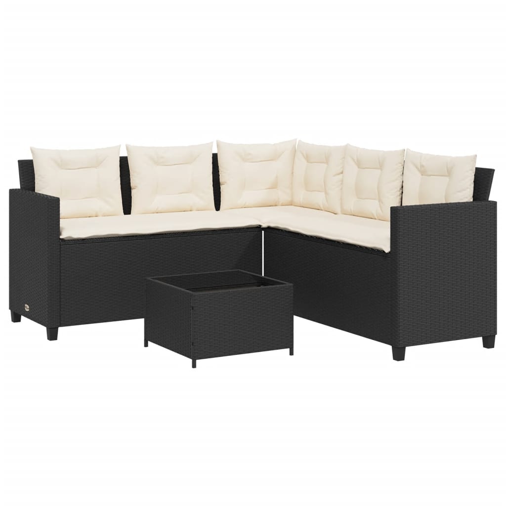 Tuinbank met tafel en kussens L-vormig poly rattan zwart is nu te koop bij PeponiXL, paradijselijk wonen!