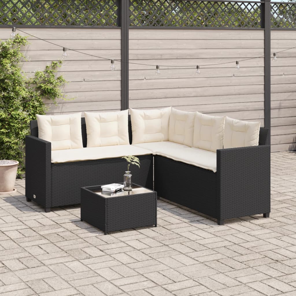 Tuinbank met tafel en kussens L-vormig poly rattan zwart is nu te koop bij PeponiXL, paradijselijk wonen!