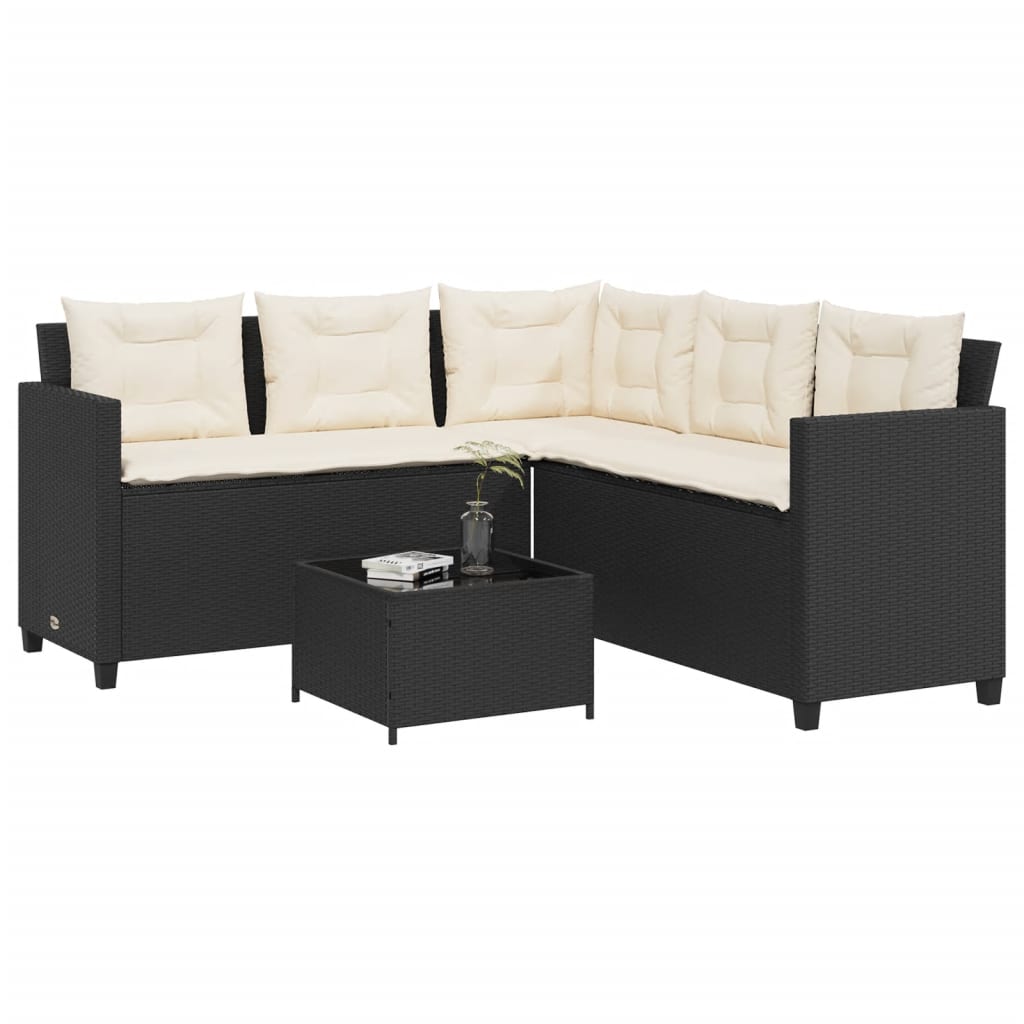 Tuinbank met tafel en kussens L-vormig poly rattan zwart is nu te koop bij PeponiXL, paradijselijk wonen!