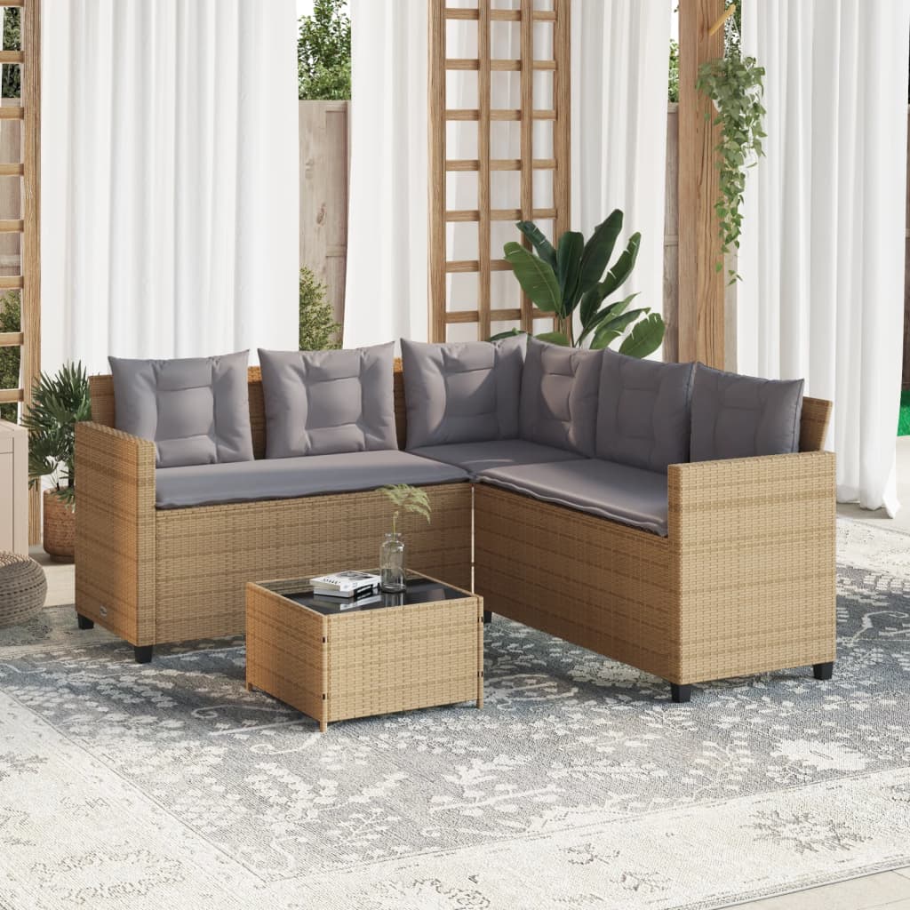 Tuinbank met tafel en kussens L-vormig poly rattan beige is nu te koop bij PeponiXL, paradijselijk wonen!