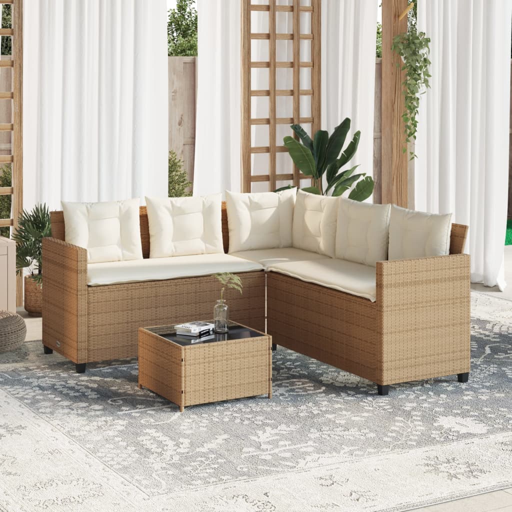 Tuinbank met tafel en kussens L-vormig poly rattan beige is nu te koop bij PeponiXL, paradijselijk wonen!