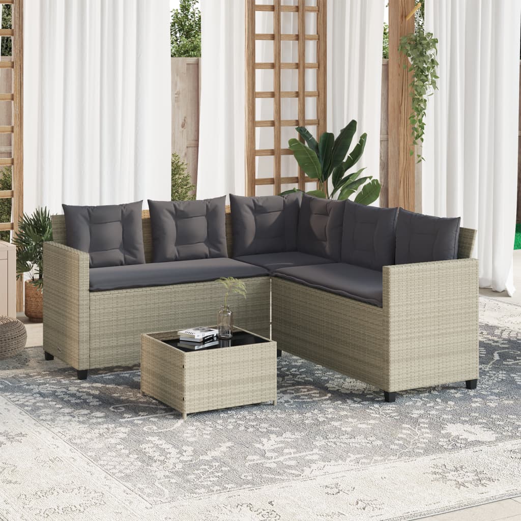 Tuinbank met tafel en kussens L-vormig poly rattan lichtgrijs is nu te koop bij PeponiXL, paradijselijk wonen!
