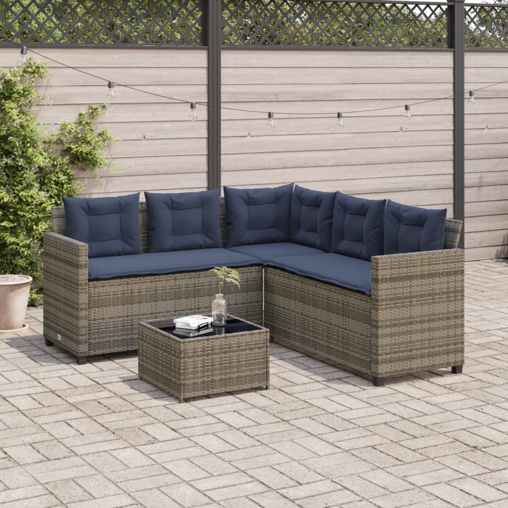 Tuinbank met tafel en kussens L-vormig grijs poly rattan is nu te koop bij PeponiXL, paradijselijk wonen!