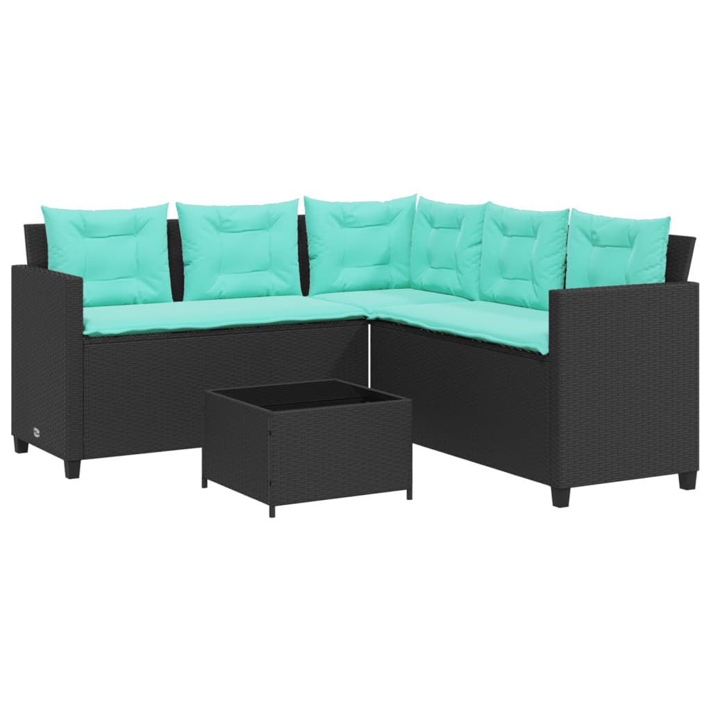 Tuinbank met tafel en kussens L-vormig zwart poly rattan is nu te koop bij PeponiXL, paradijselijk wonen!