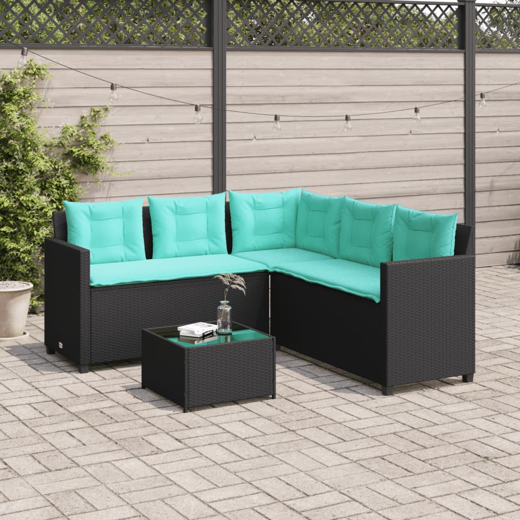 Tuinbank met tafel en kussens L-vormig zwart poly rattan is nu te koop bij PeponiXL, paradijselijk wonen!