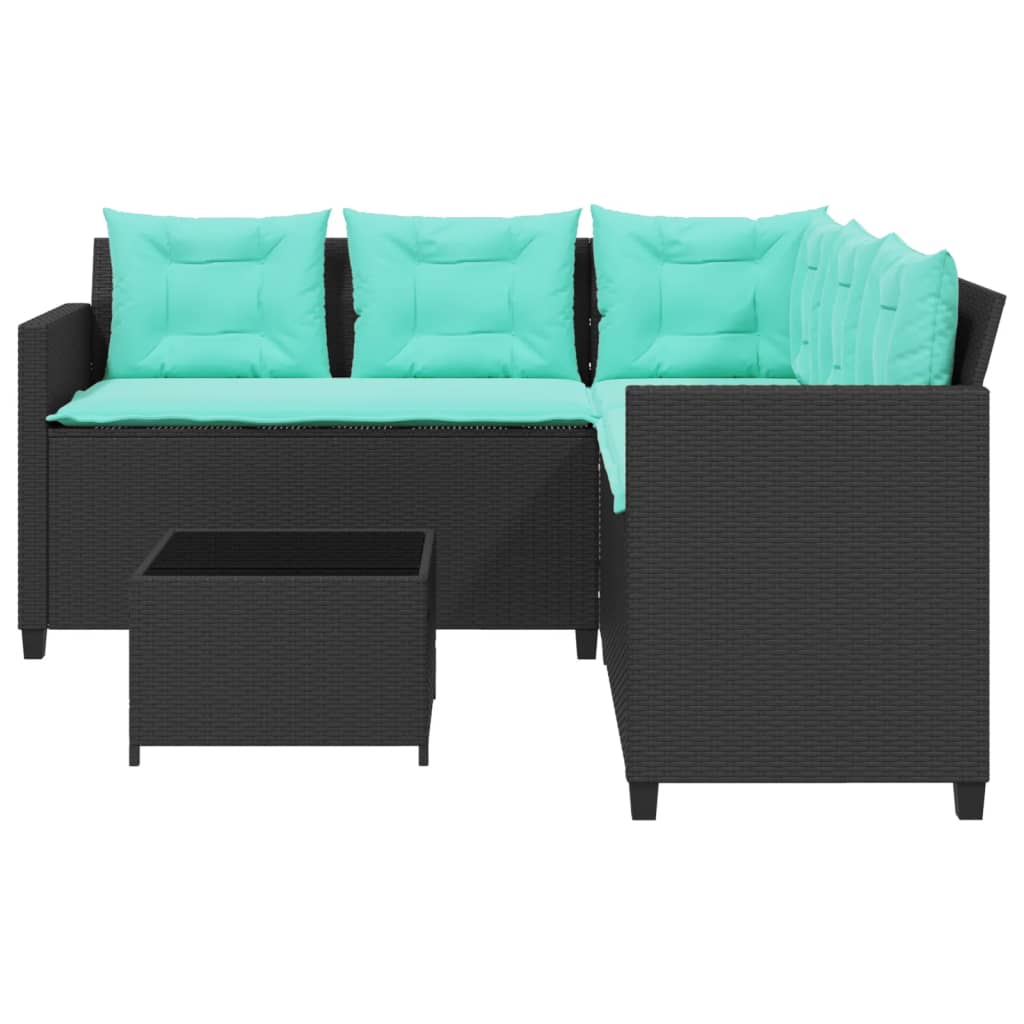 Tuinbank met tafel en kussens L-vormig zwart poly rattan is nu te koop bij PeponiXL, paradijselijk wonen!
