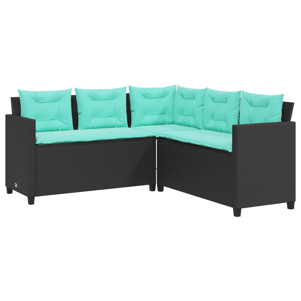 Tuinbank met tafel en kussens L-vormig zwart poly rattan is nu te koop bij PeponiXL, paradijselijk wonen!