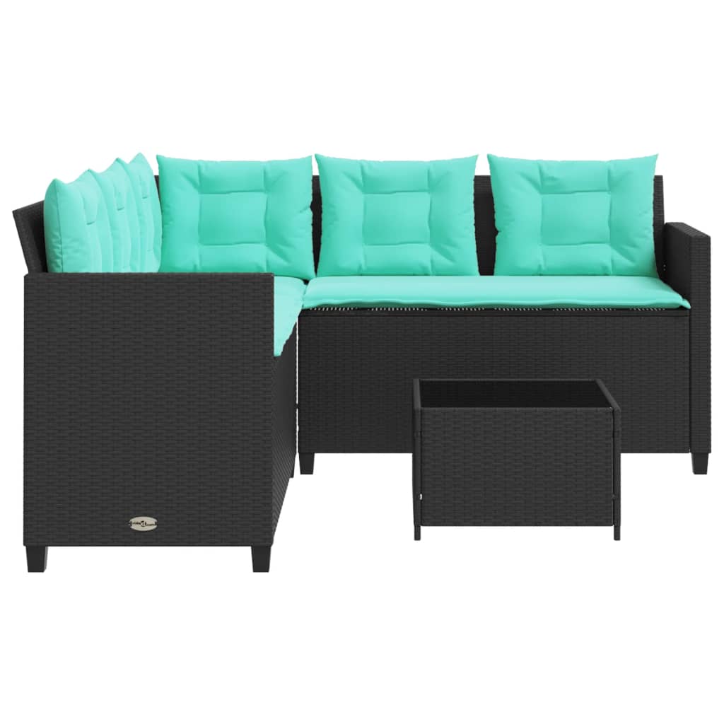 Tuinbank met tafel en kussens L-vormig zwart poly rattan is nu te koop bij PeponiXL, paradijselijk wonen!