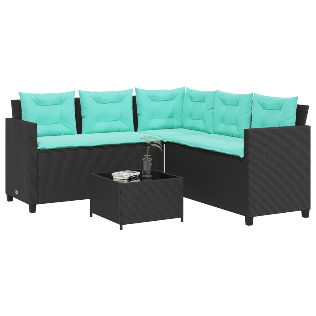 Tuinbank met tafel en kussens L-vormig zwart poly rattan is nu te koop bij PeponiXL, paradijselijk wonen!