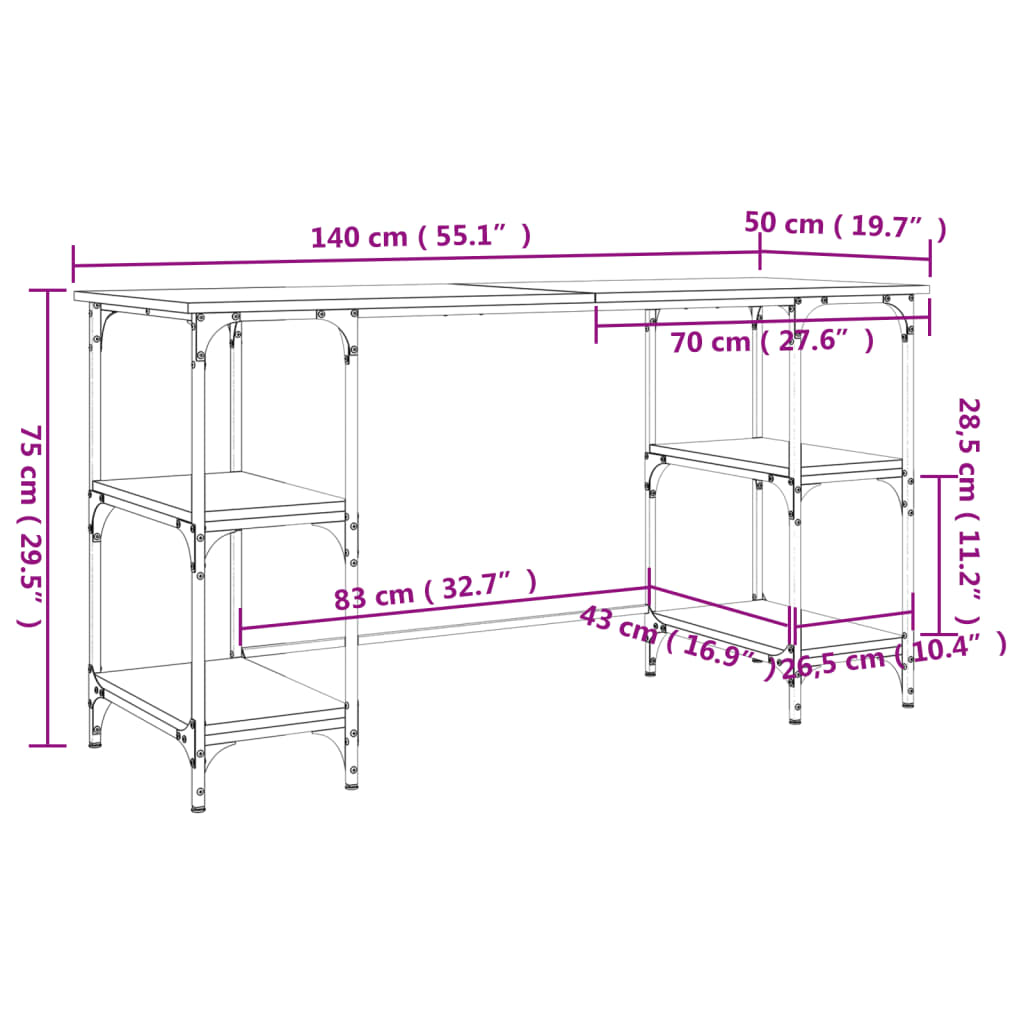 Bureau 140x50x75 cm metaal en bewerkt hout gerookt eikenkleurig is nu te koop bij PeponiXL, paradijselijk wonen!