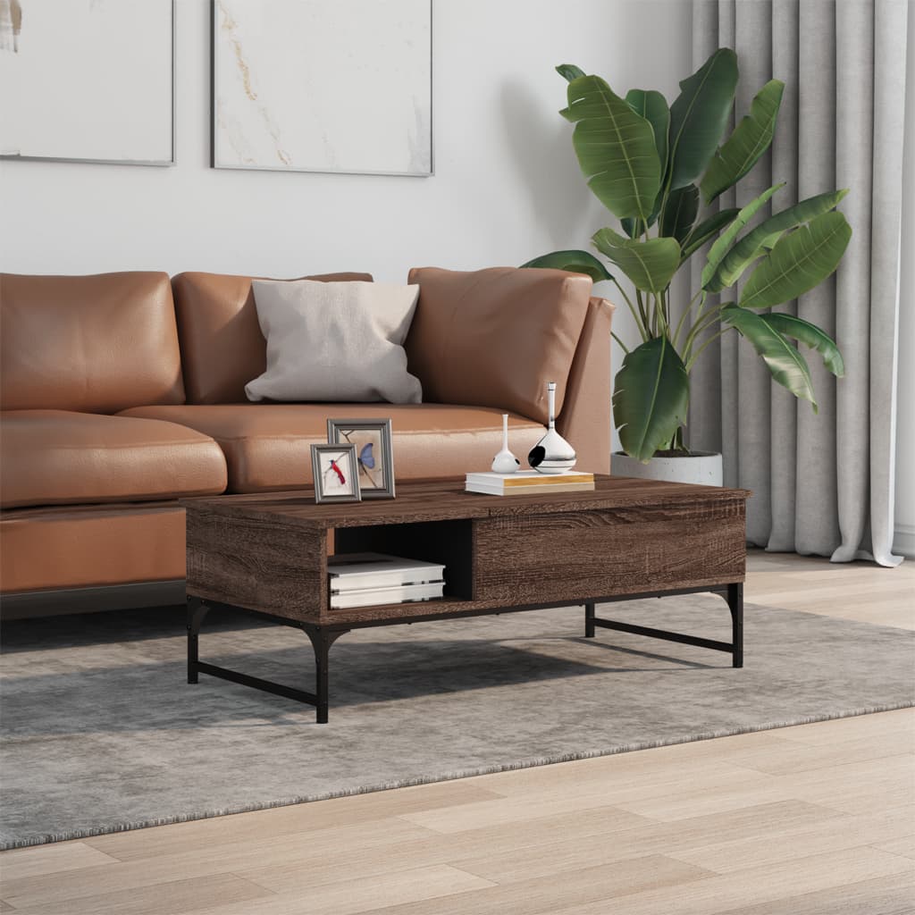 Salontafel 100x50x35 cm bewerkt hout en metaal bruin eikenkleur is nu te koop bij PeponiXL, paradijselijk wonen!