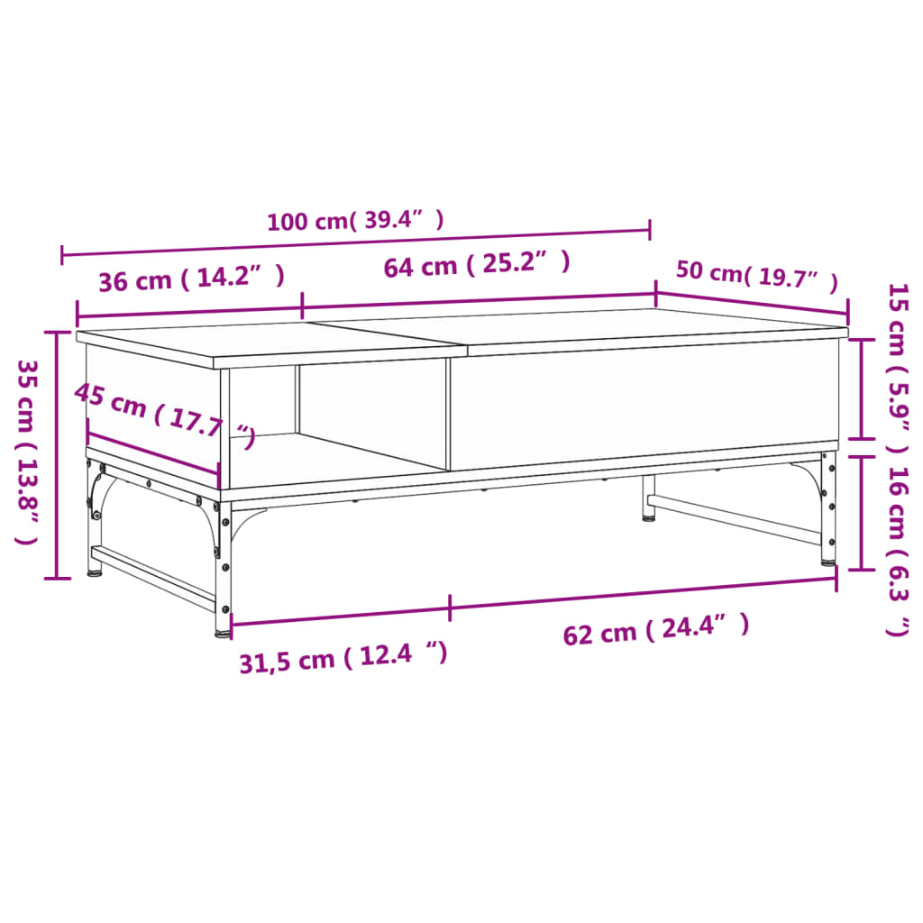 Salontafel 100x50x35 cm bewerkt hout en metaal bruin eikenkleur is nu te koop bij PeponiXL, paradijselijk wonen!
