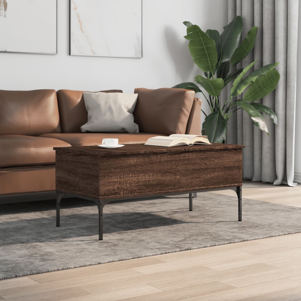 Salontafel 100x50x45 cm bewerkt hout en metaal bruin eikenkleur is nu te koop bij PeponiXL, paradijselijk wonen!
