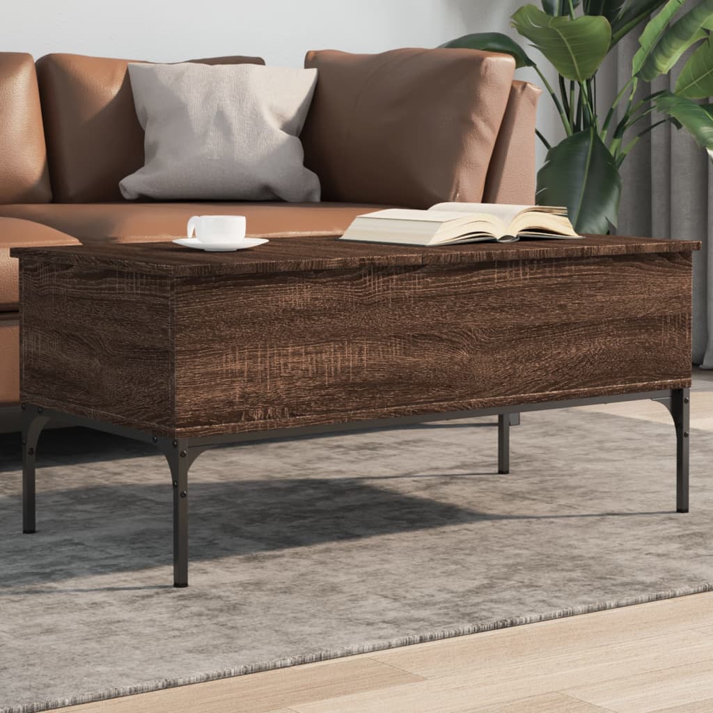 Salontafel 100x50x45 cm bewerkt hout en metaal bruin eikenkleur is nu te koop bij PeponiXL, paradijselijk wonen!