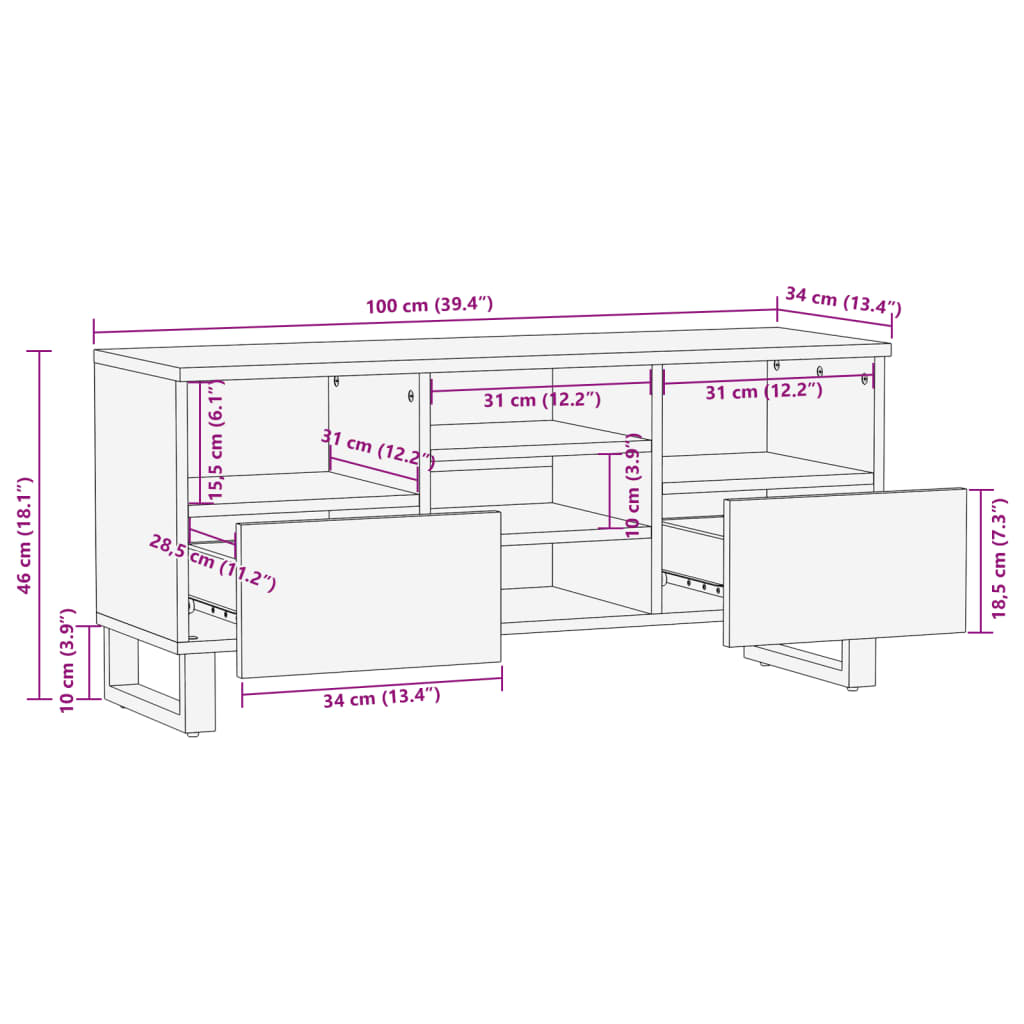 Tv-meubel 100x34x46 cm massief ruw mangohout is nu te koop bij PeponiXL, paradijselijk wonen!